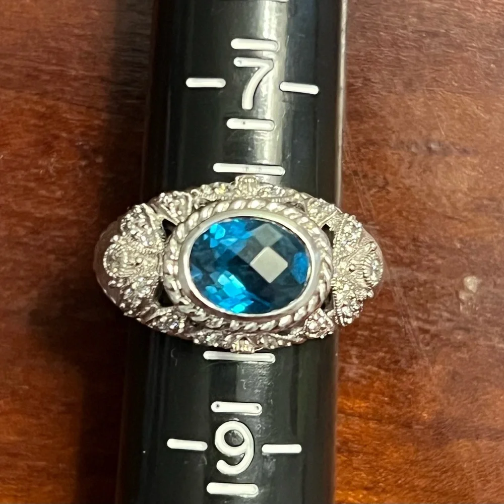 Judith Ripka London Blue Topaz Sterling Silver 925 Rope & Leaf Ring EC 8 #329 - Picture 7 of 12